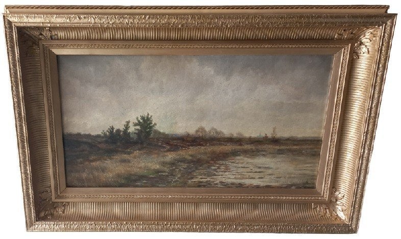 groot gesigneerd landschap., Antiek en Kunst, Ophalen, Doek, Gesigneerd, Landschap