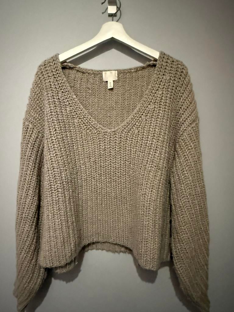 Grijs beige gebreide V hals trui H&M - mt L, Kleding | Dames, Ophalen of Verzenden, Zo goed als nieuw, Maat 42/44 (L), Beige