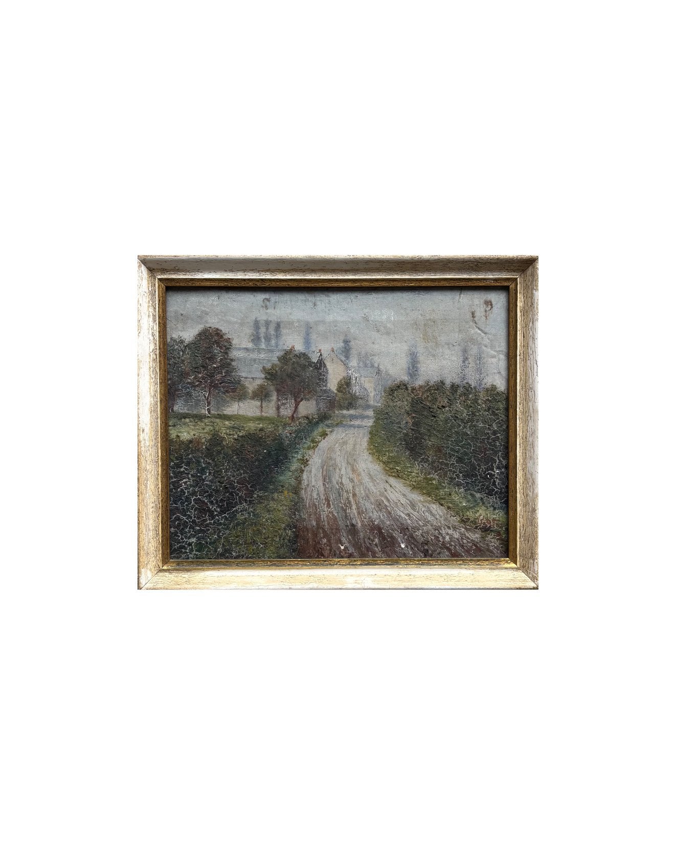 Olieverfschilderij van intiem dorpsgezicht (36cm x 30cm), Doek, Ophalen of Verzenden, Olieverf, Klassiek