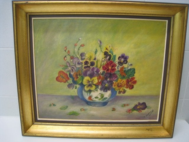 Schilderij vaas met bloemen, gesigneerd R. Haerens, Antiquités & Art, Art | Peinture | Classique, Enlèvement, Signé, Fleurs