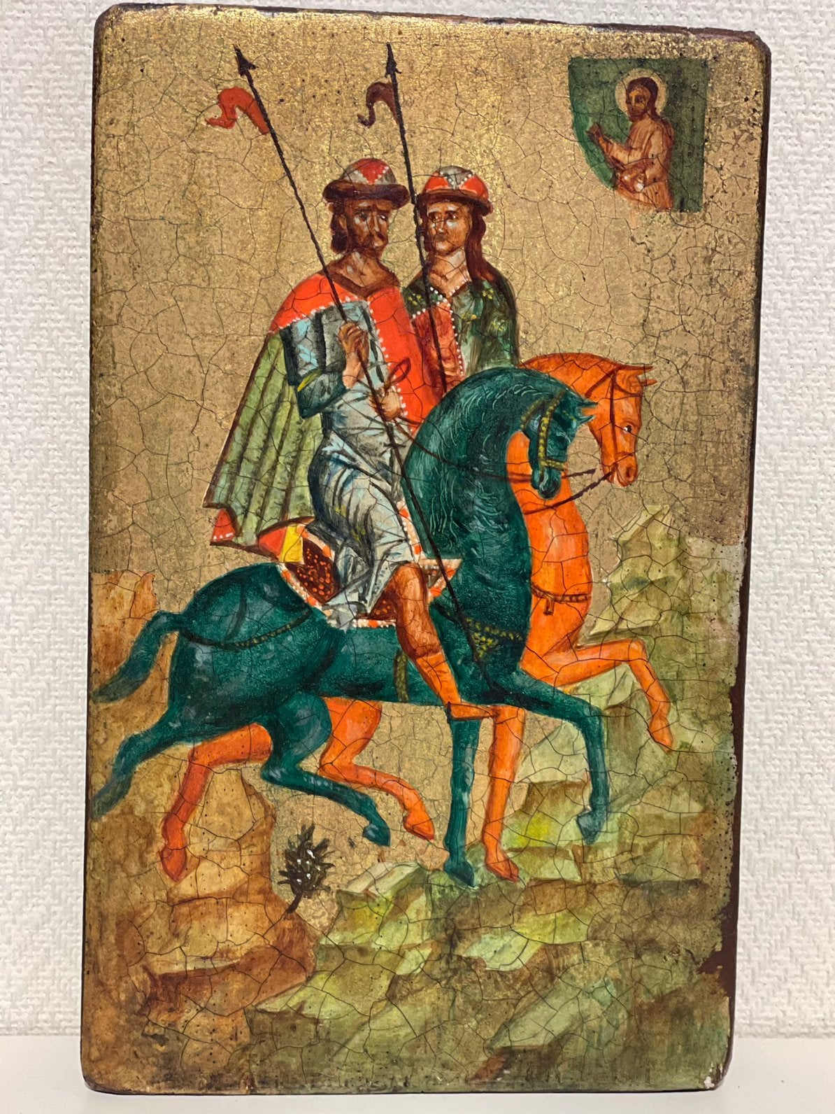Kleurrijke vintage icoon op hout - Boris en Gleb te Paard, Antiek en Kunst, Ophalen