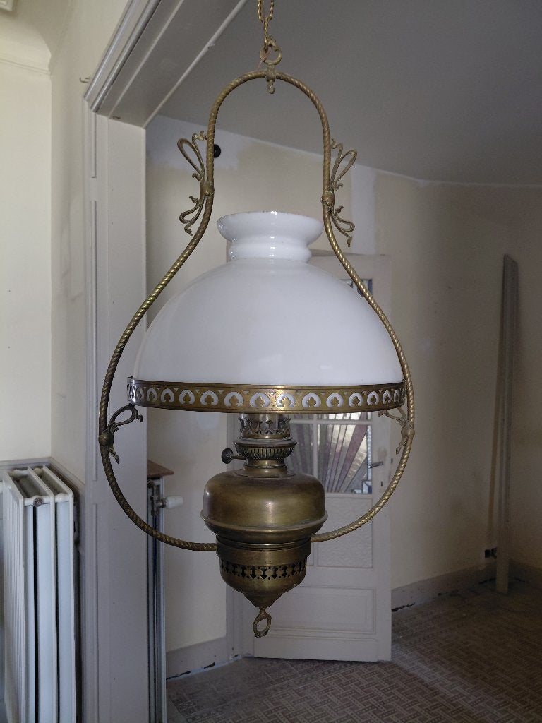 hanglamp petroleumlamp 'Lampe Belge', Antiek en Kunst, Ophalen