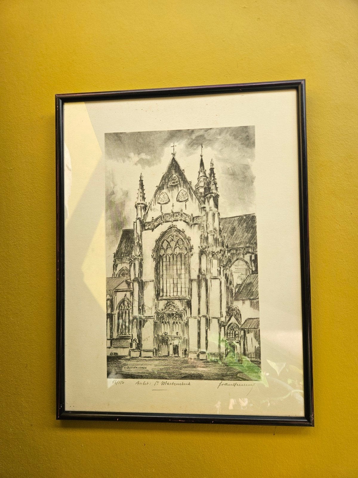 Ingelijste prent / ets "Aalst: St. Martinuskerk", Antiek en Kunst, Ophalen of Verzenden, Ets, Potloodtekening, Genummerd
