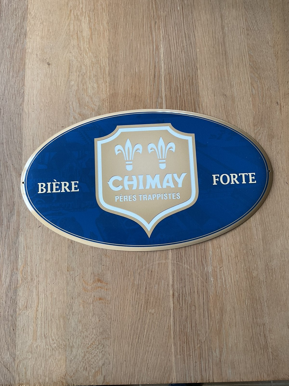 Chimay sterk bierbord van plaatstaal blauw Trappistenvaders, Verzamelen, Ophalen of Verzenden, Gebruikt, Reclamebord, Plaat of Schild