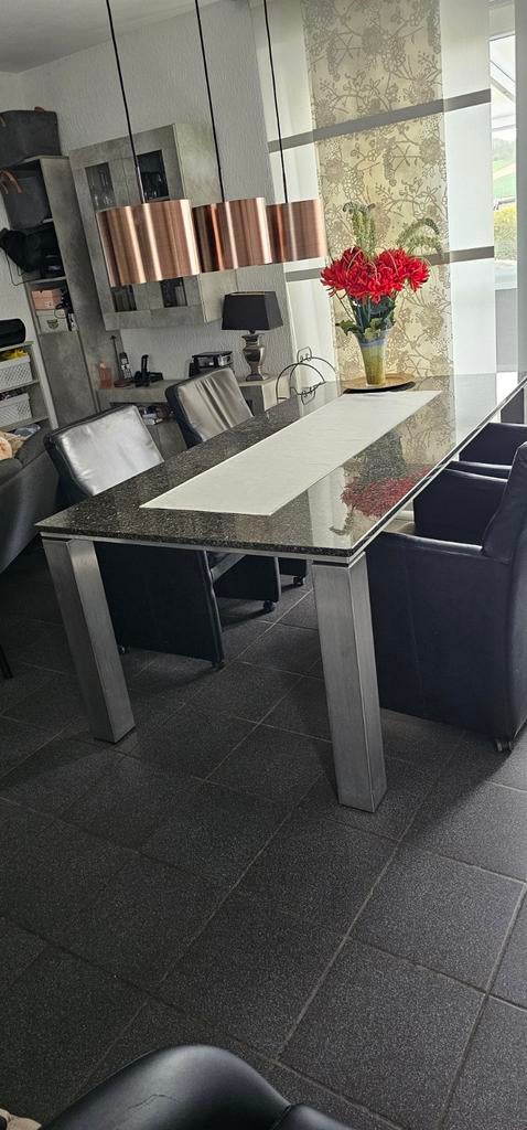 Terrastafel met granieten blad en rvs poten, Ophalen, Zo goed als nieuw, Eettafel