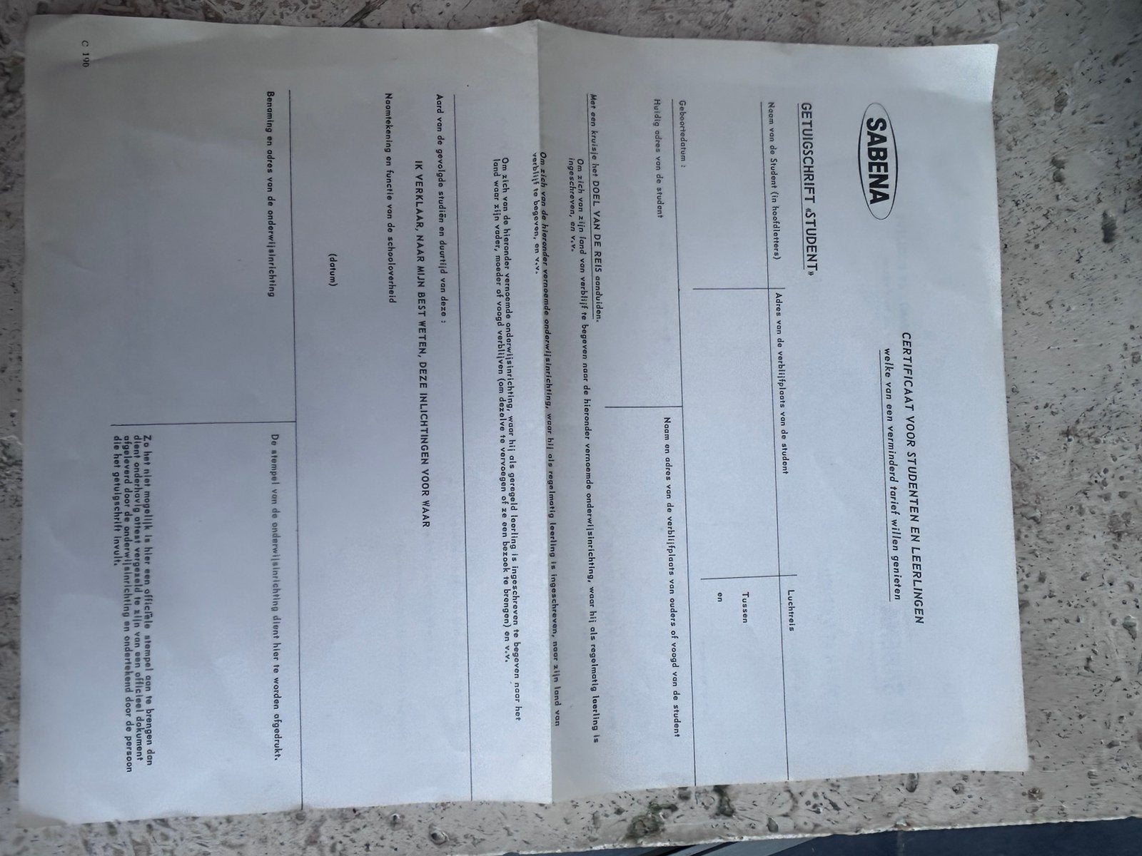 Sabena getuigschrift voor studenten, Verzamelen, Sabenasouvenirs, Ophalen, Zo goed als nieuw