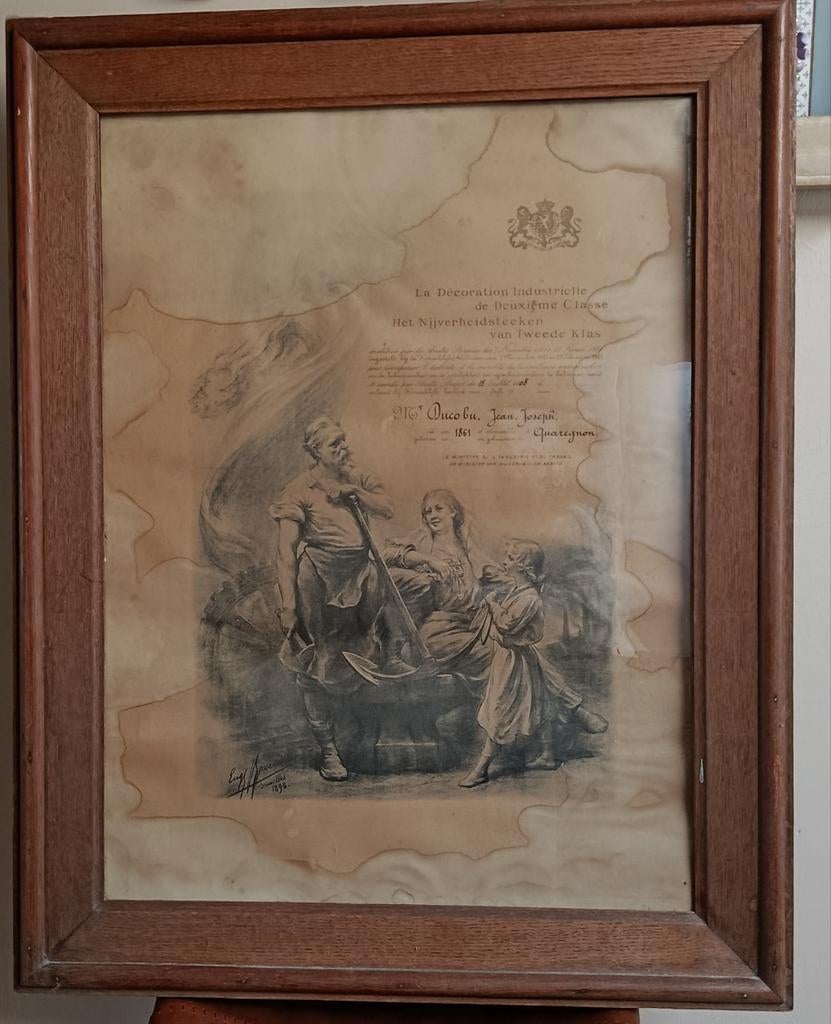 Diplôme belge ancien encadré 1908 - document illustré, Enlèvement
