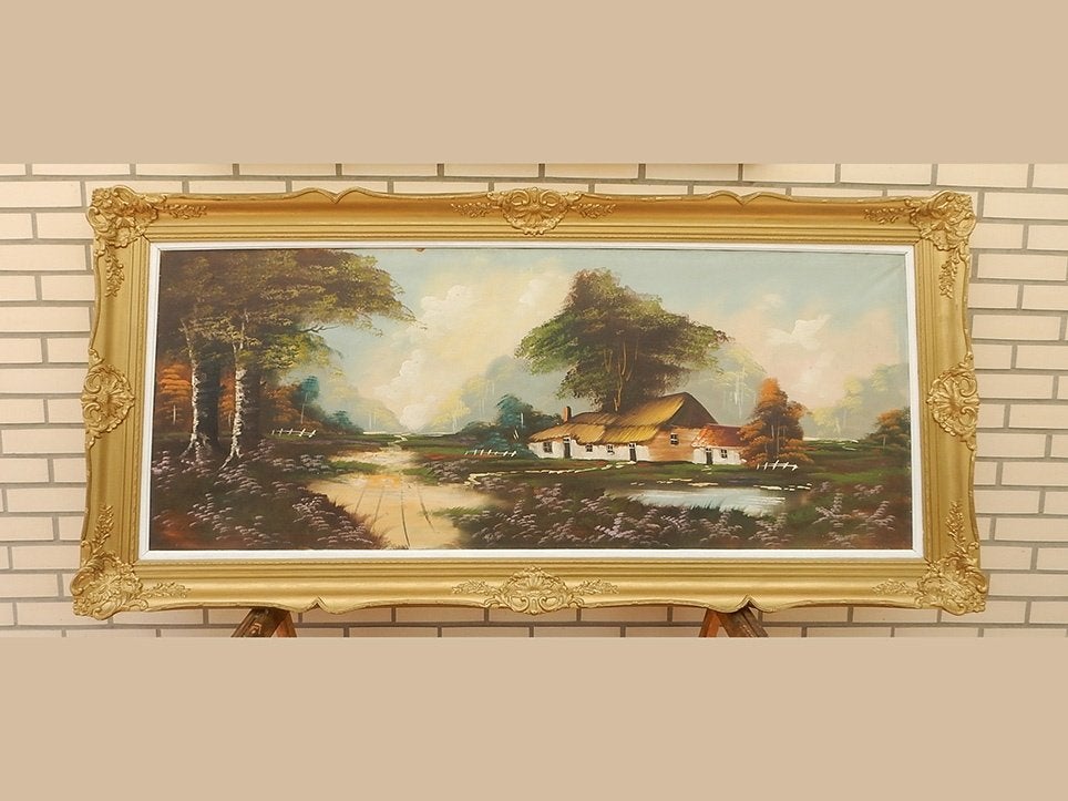 Groot schilderij 'huisje in het bos', Antiquités & Art, Art | Peinture | Classique, Enlèvement