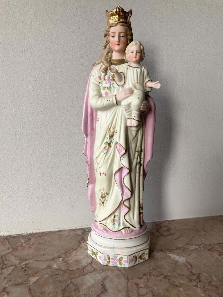 Beeld Maria in biscuit met goudverf (34 cm), Ophalen