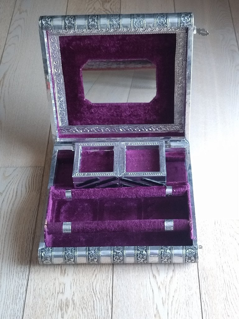 Grote juwelenkist zilver, Ophalen of Verzenden, Gebruikt, Hardcase, Met spiegeltje(s)