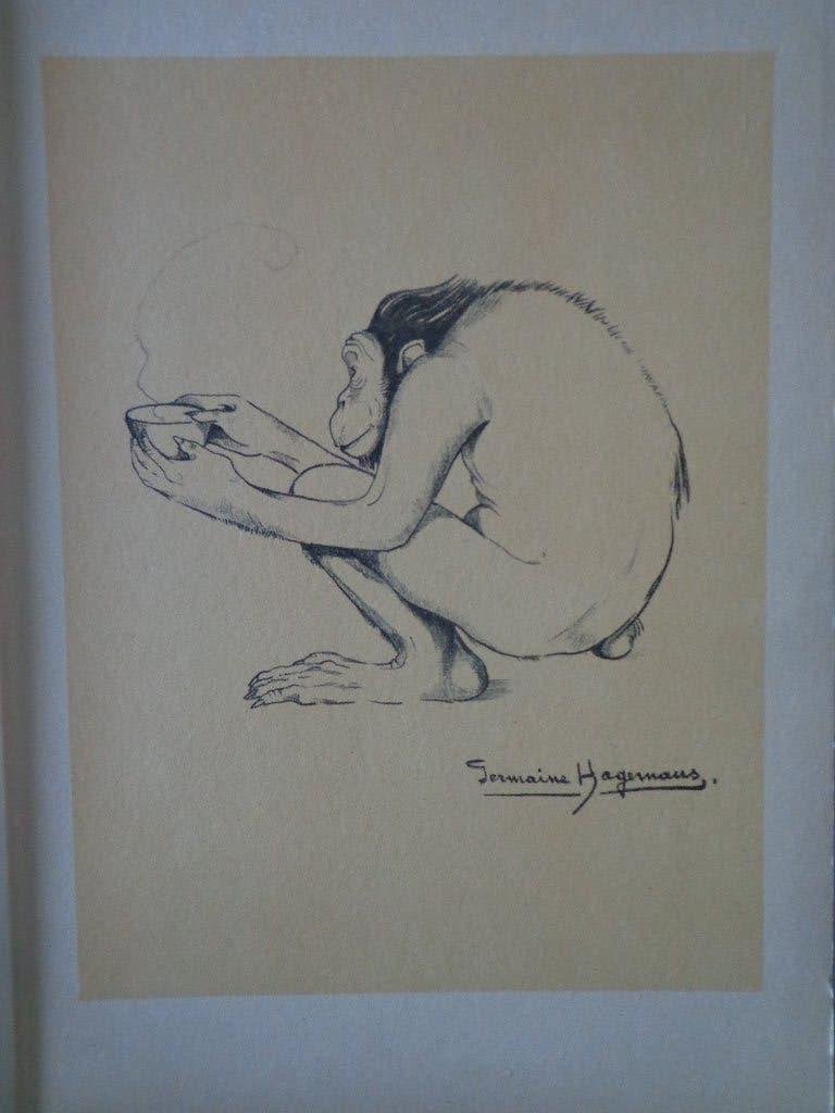 litho van Germaine Hagemans "Chimpansee" uit 1925, Antiquités & Art, Signé dans la planche, Enlèvement ou Envoi, Animaux et nature