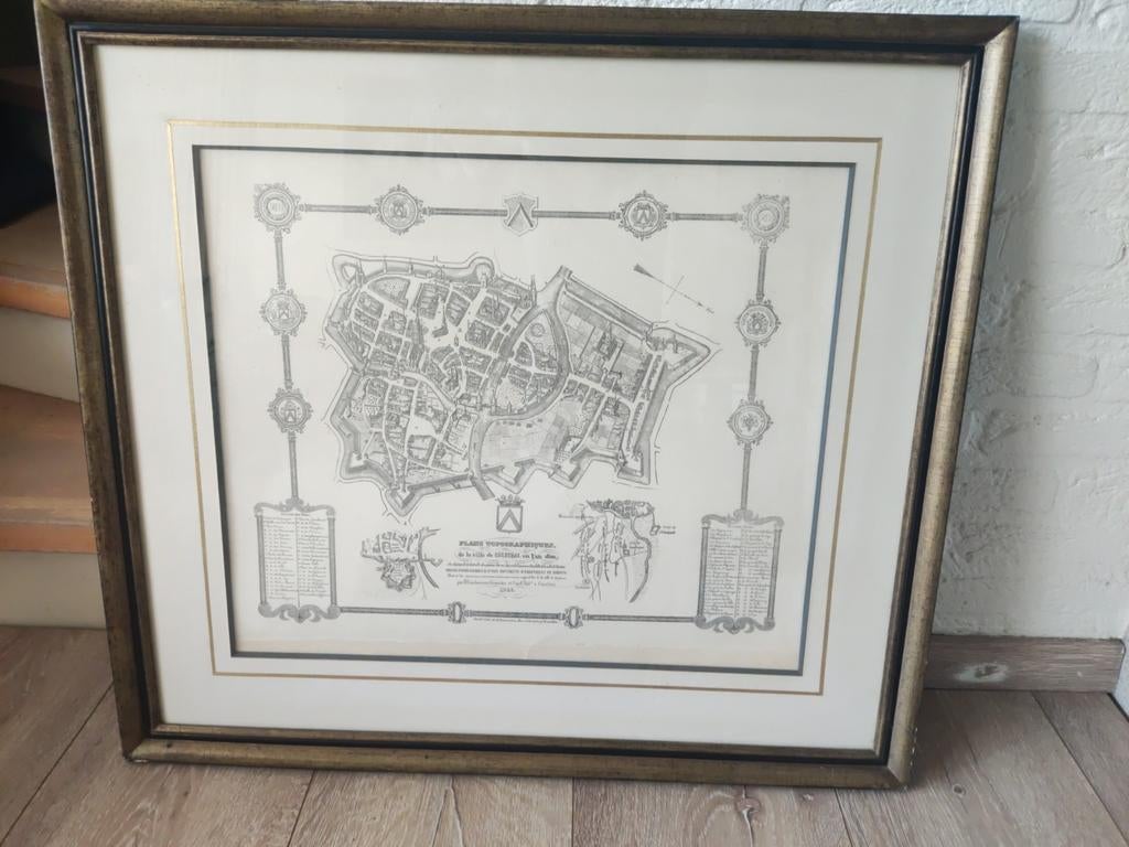 Antieke stadskaart Courtrai Kortrijk-1600 ingelijst Vintage, Ophalen