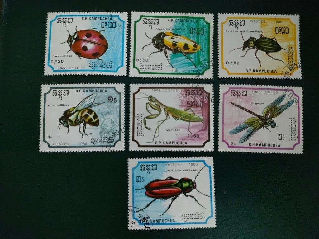 Cambodja 1988 - insecten, juffer, bidsprinkhaan,  bij, mier, Verzenden, Gestempeld, Zuidoost-Azië