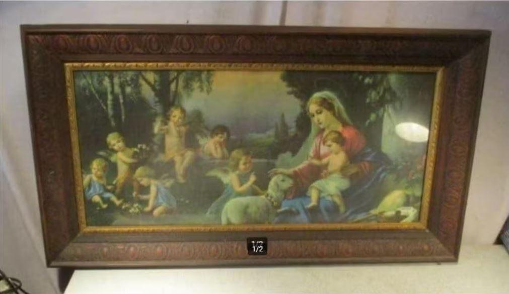 Prachtige Prent 'Maria Jezus en Engelen' - Antieke Fotolijst, Ophalen of Verzenden