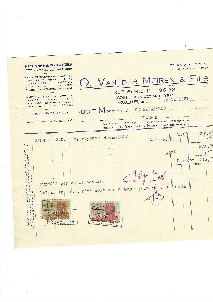 Ancienne facture 1951, Verzamelen, Overige Verzamelen, Verzenden, Gebruikt