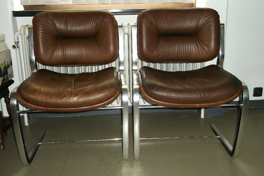 Lederen bezoekerstoelen voor kantoor jaren '70-'80, Ophalen, Gebruikt, Bruin, Bureaustoel