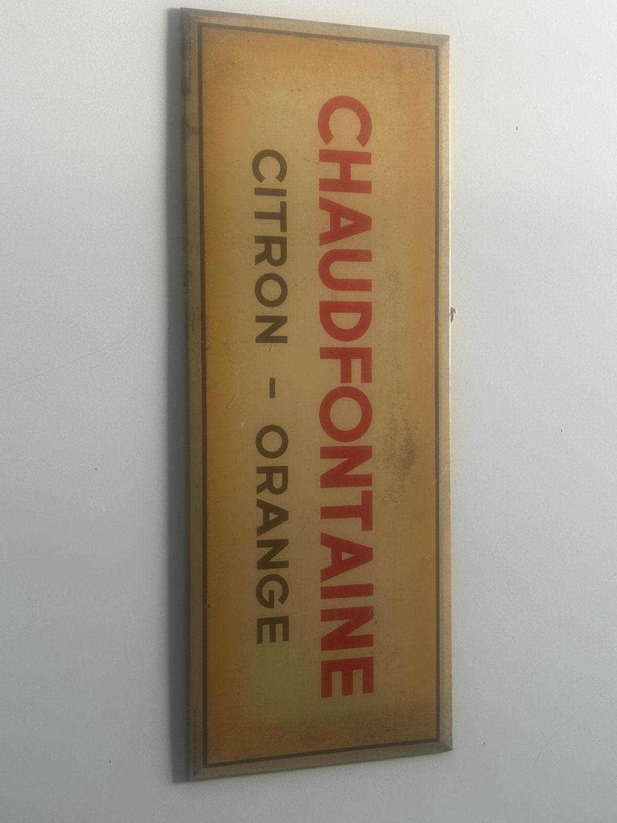 Blikken bord chaudfontaine citron-orange 1955, Ophalen, Gebruikt, Reclamebord