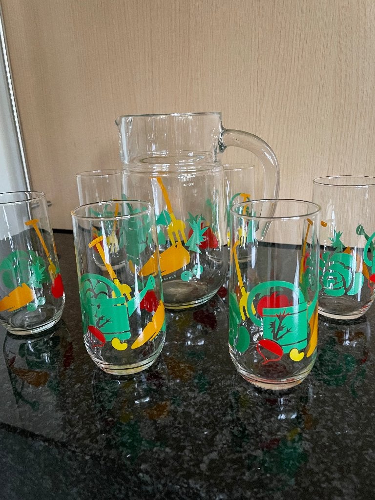 Vintage vruchtensap/waterkan met 6 bijhorende glazen, Ophalen of Verzenden, Nieuw, Frisdrankglas