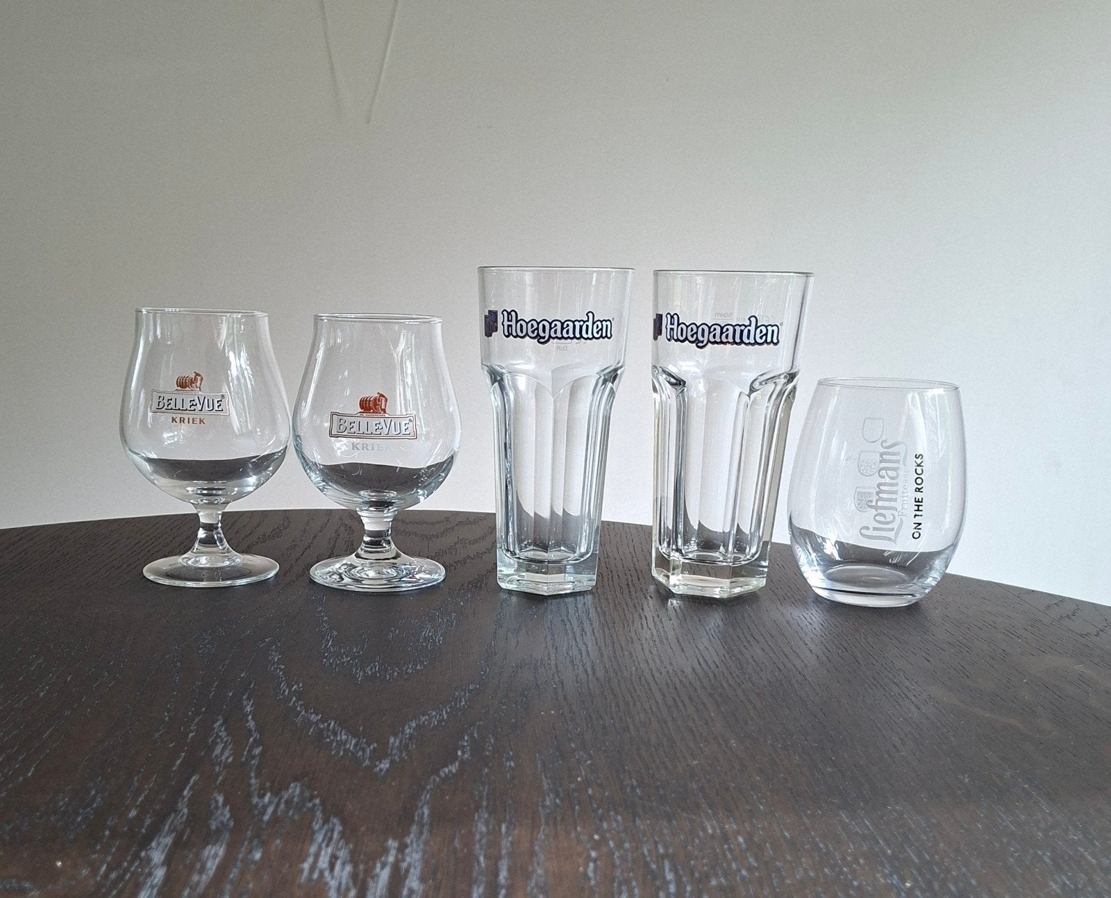 Bierglazen: kriek BelleVue, Hoegaarden, Liefmans on the rock, Enlèvement ou Envoi, Utilisé, Verre, Pichet