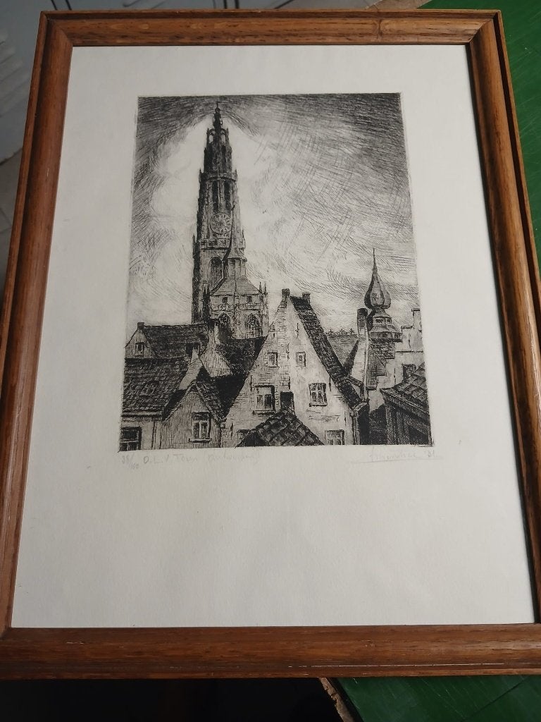Gesigneerde Ets OLV Toren Antwerpen, Ophalen of Verzenden, Ets, Gesigneerd