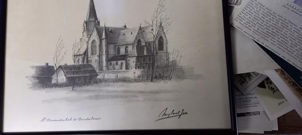 Sint Amanduskerk Denderleeuw , tekening zwart/wit, Ophalen