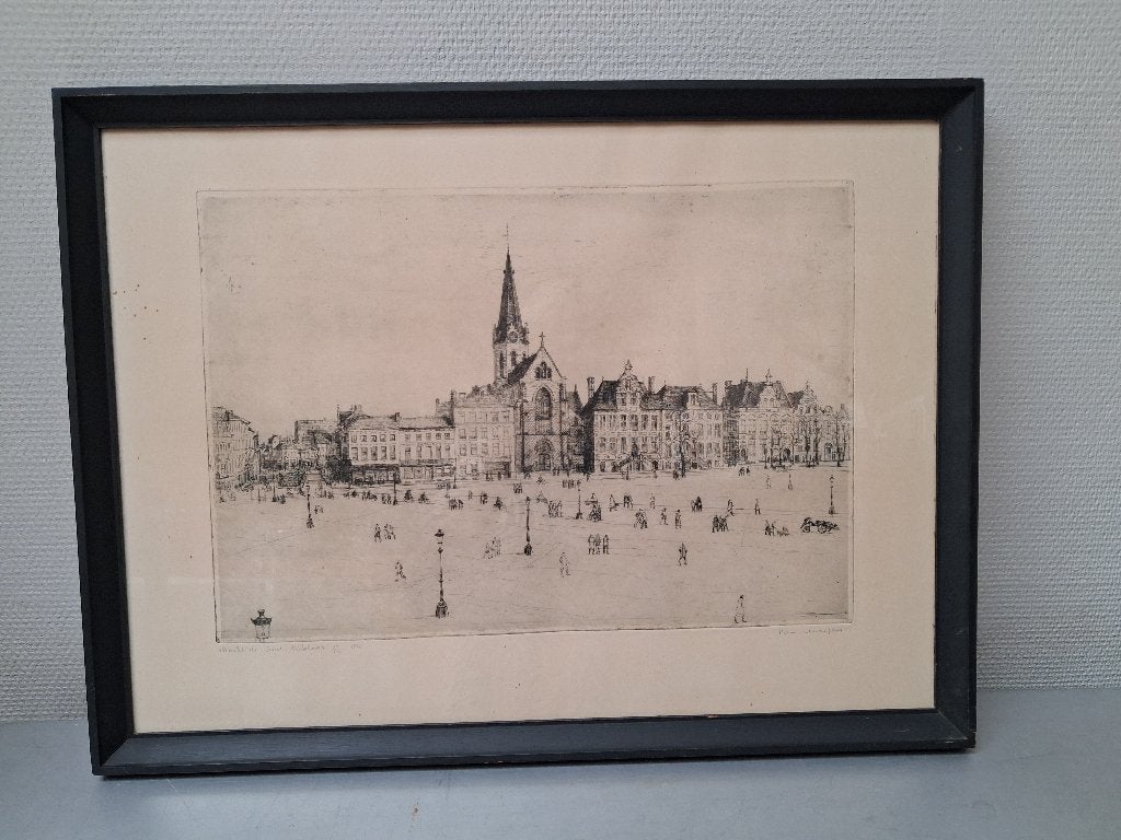 Ets van Romain Malfliet, Antiek en Kunst, Kunst | Etsen en Gravures, Ophalen, Ets, Architectuur, Genummerd