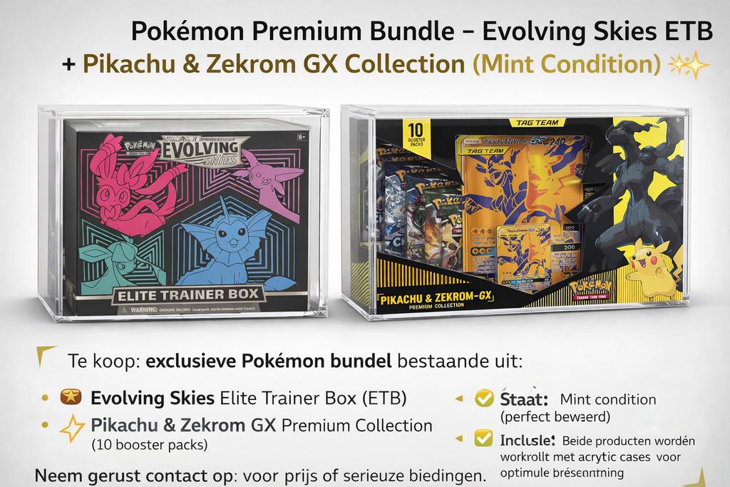 Evolving Skies ETB + Pikachu & Zekrom Premium-collectie!, Ophalen of Verzenden, Nieuw, Boosterbox, Foil
