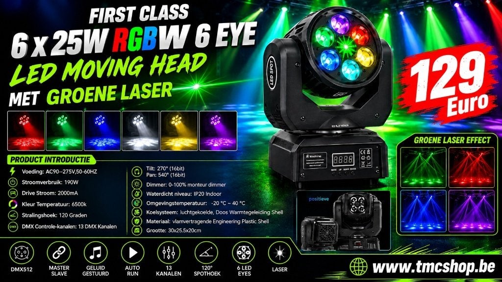Nouvelle tête mobile LED RGBW 6 x 25 W  à 6 yeux, Enlèvement ou Envoi, Neuf, Lumières, Commande sonore