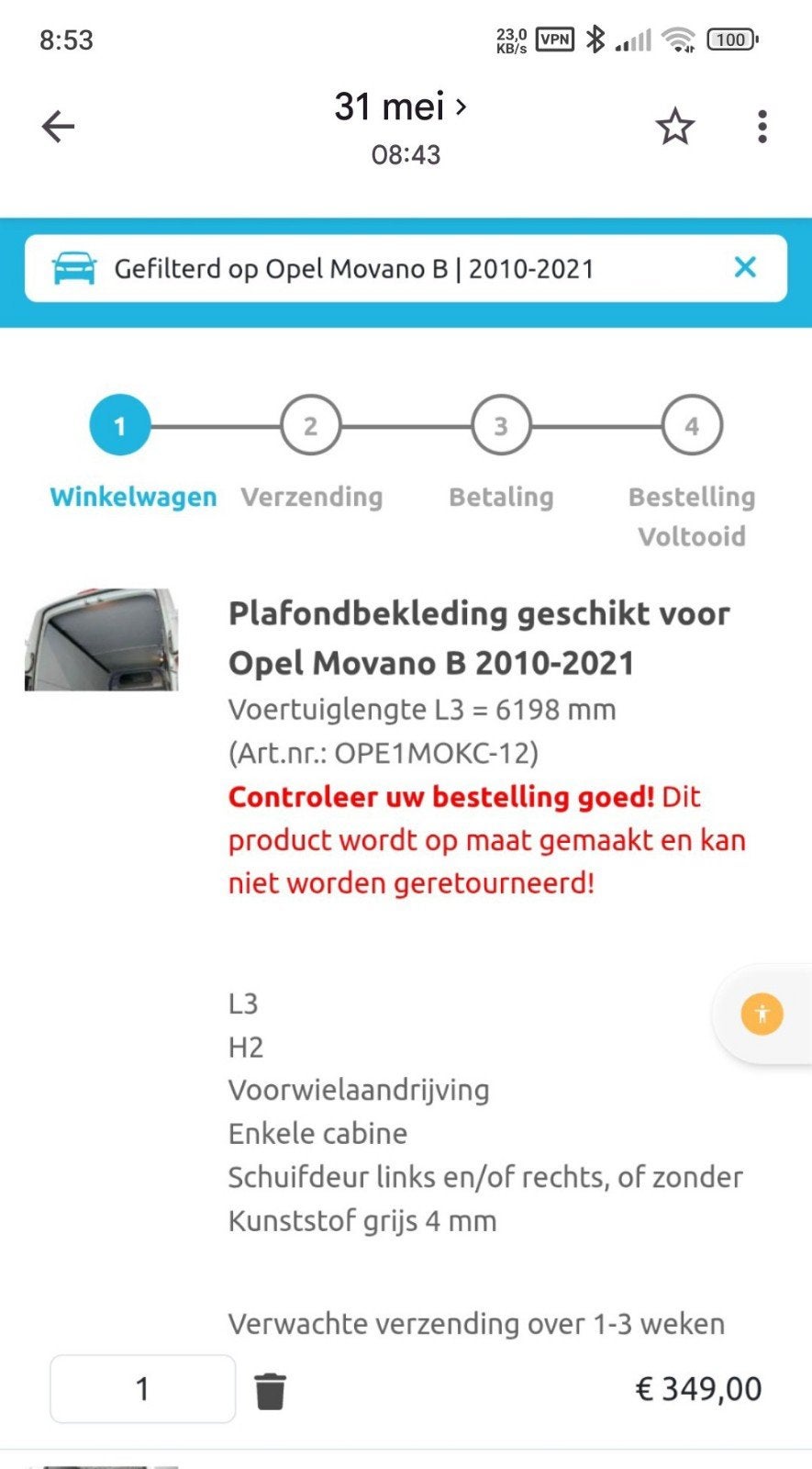 plafond bekleding Opel movano 2010 tot 2021 grijs PVC