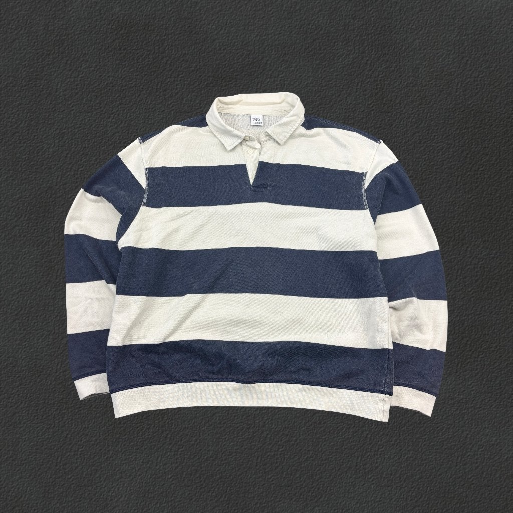 (1313) Blue/White Zara Rugby Longsleeve Poloshirt - Men XL -, Vêtements | Hommes, Pulls & Vestes, Taille 56/58 (XL), Comme neuf