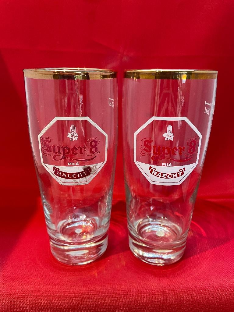 Verre à bière Super8 Pils Haecht avec bord doré, Enlèvement ou Envoi, Utilisé, Verre à bière