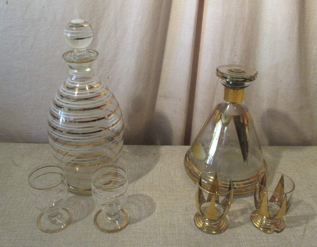 2 Retro Glazen Kruiken met 4 bijhorende glazen, Ophalen of Verzenden