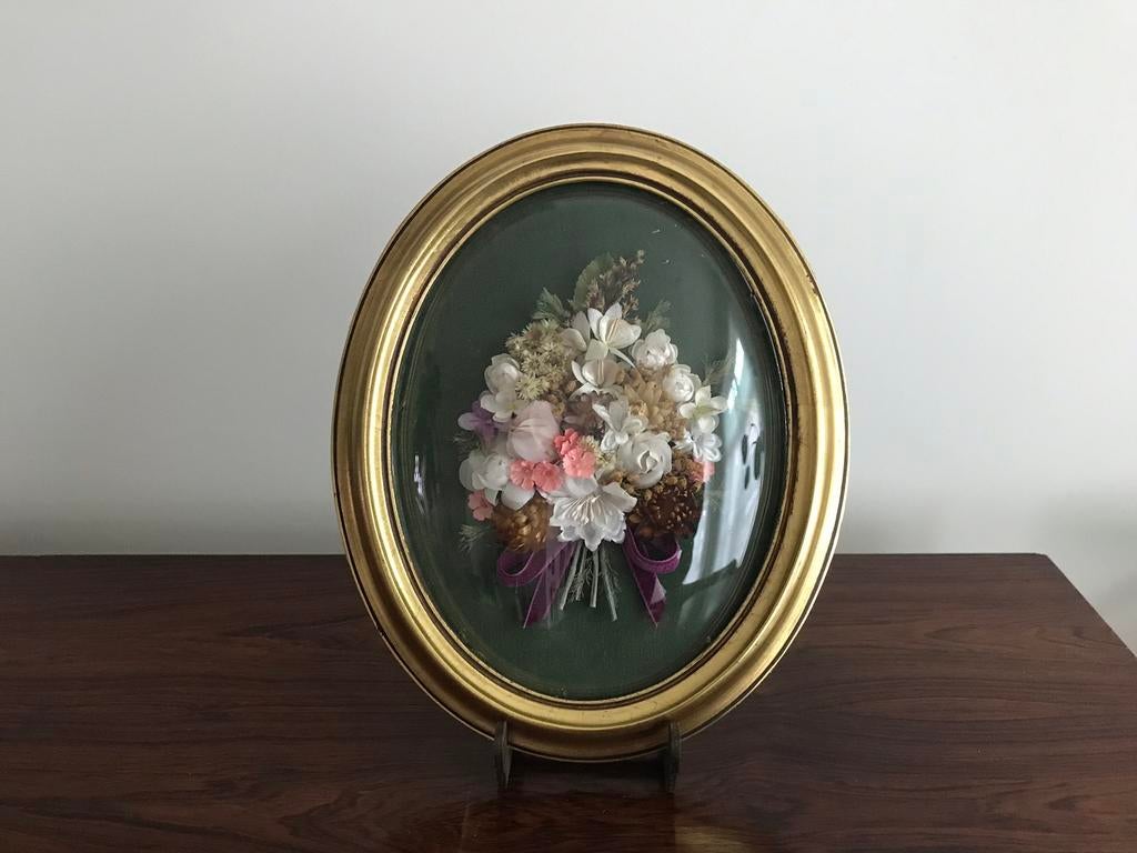 Lijst kader ovaal goudkleurig kunst bloemen achter bol glas, Ophalen of Verzenden