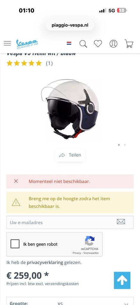 Wit/Blauwe vespa helm, Fietsen en Brommers, Ophalen, Zo goed als nieuw