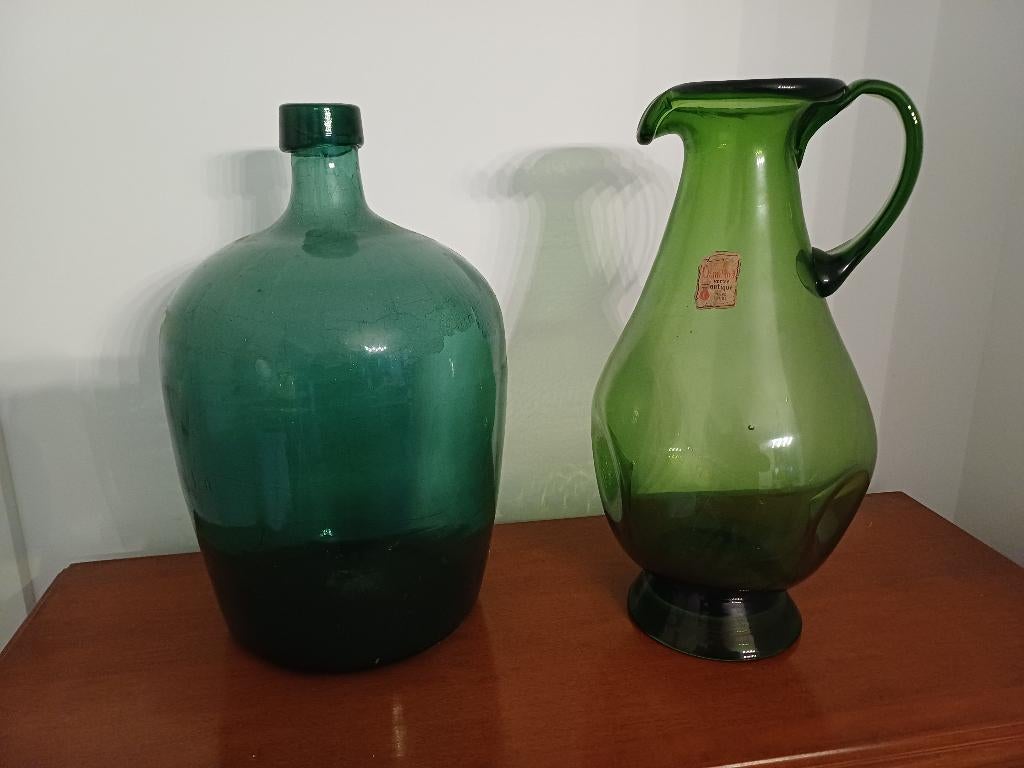 groene glazen fles groot + kan, Antiek en Kunst, Ophalen