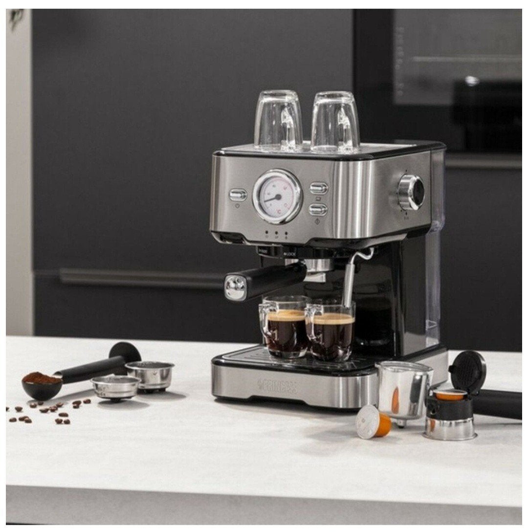 Princess Espressomachine, stainless/black. Compact formaat., Réservoir d'eau amovible, Combiné, Café moulu, Enlèvement