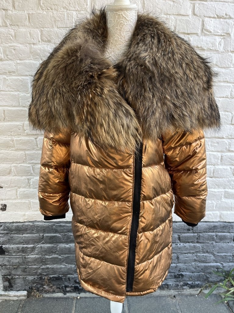 Unique ! Doudoune gold imposant col fourrure, Envoi, Comme neuf, Taille 46/48 (XL) ou plus grande, Doré