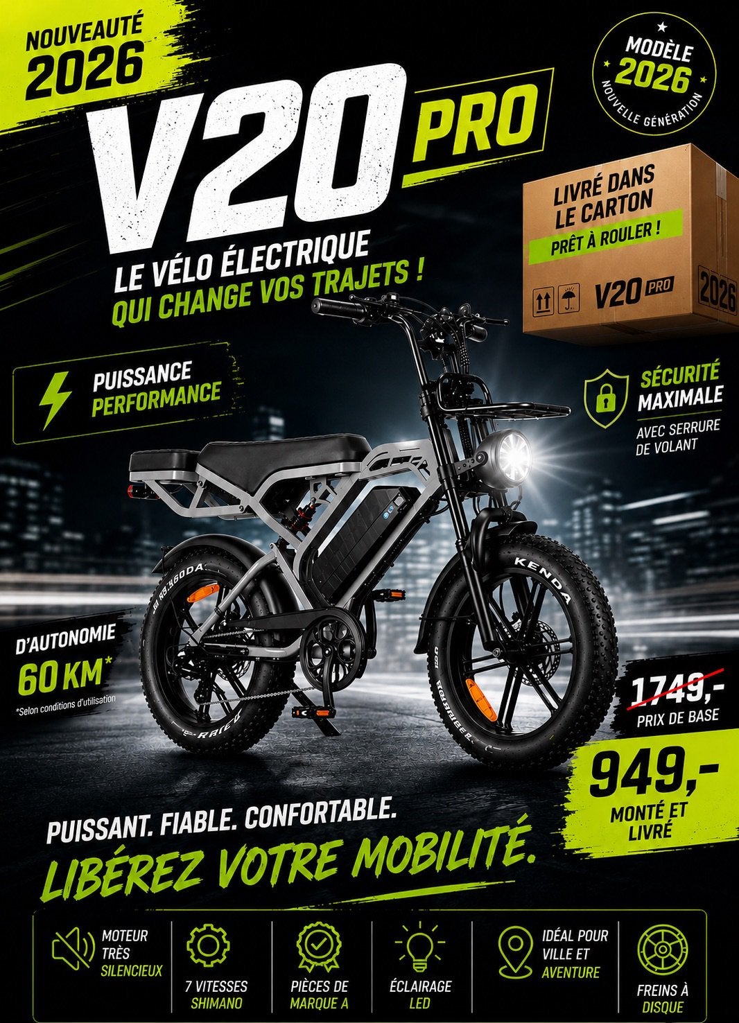 V20 pro fatbike, 7 vitesses, Enlèvement ou Envoi, Comme neuf, Classe A (25 km/h)