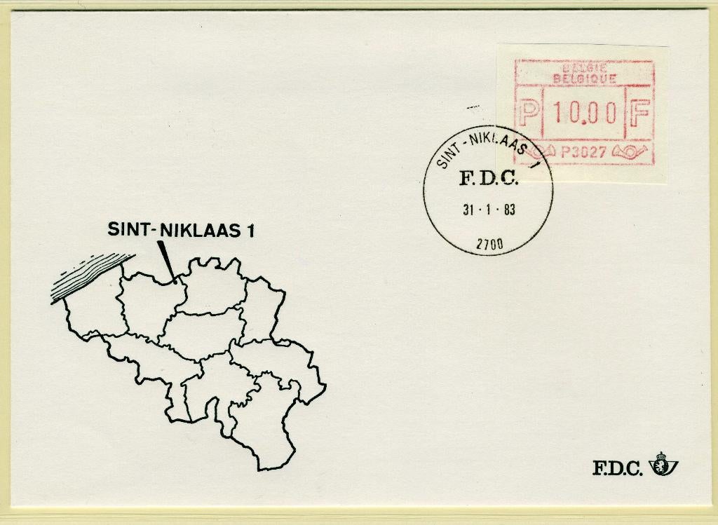 (B) Enveloppe ATM27 FDC 1983 - Saint-Nicolas 1 (P3027), Enlèvement ou Envoi, Affranchi, Avec enveloppe, Oblitération 1er jour