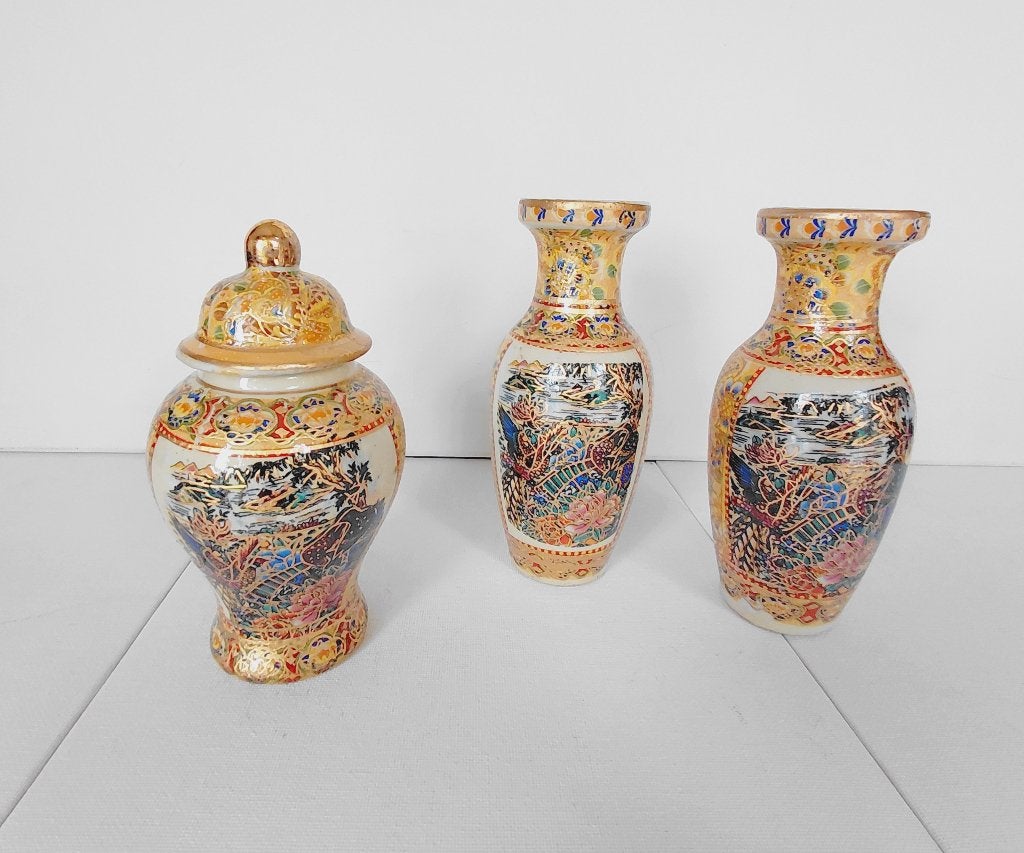 ensemble 3 vases vintage Geisha Jap Satsuma, années 1960/70, Enlèvement ou Envoi, 16 cm, Utilisé, Pierre/céramique