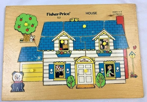 Puzzle vintage en bois Fisher-Price 513 House Pick-Up & Peek, Envoi, Comme neuf, Autres types
