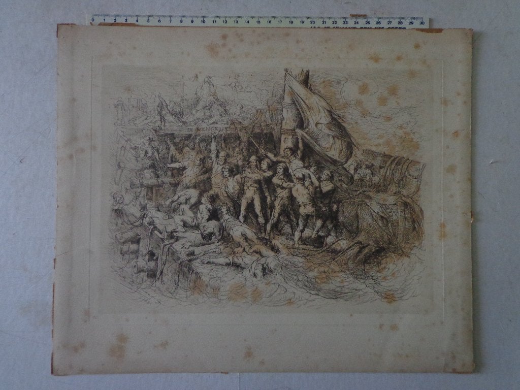 ets Hendrik Schaeffels uit 1881 "Le Vengeur", Antiek en Kunst, 1800 - 1899, Ets, Militair, Ophalen of Verzenden