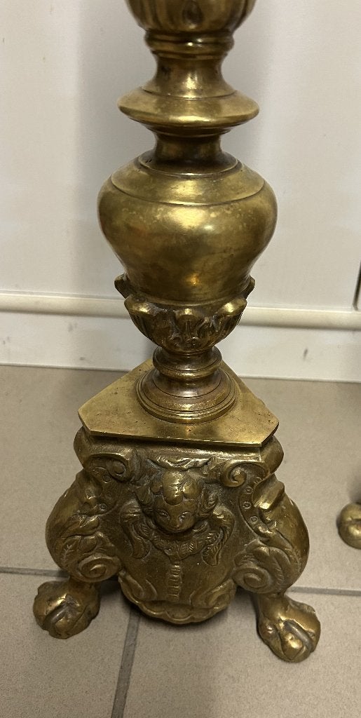 2 Vintage Geel Koperen Kandelaars - 55cm, Antiek en Kunst, Ophalen of Verzenden, Koper of Brons