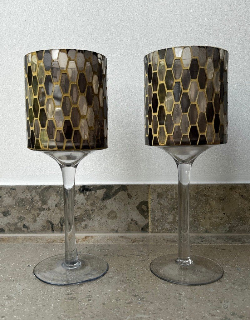 set/2 theelichthouders van SIA , mozaiek, Bruin, Waxinelichthouder, Ophalen of Verzenden, 25 cm
