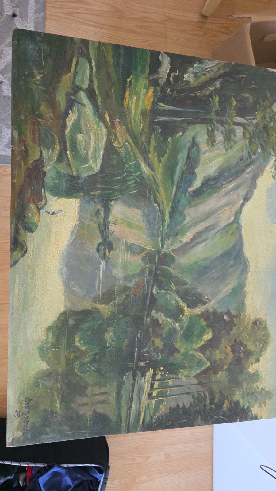 Très belle huile originale sur panneau datée 1939 et signée, Enlèvement