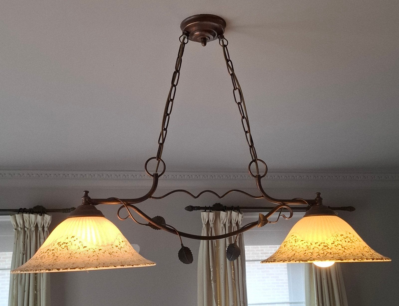 Rustieke hanglamp/tafellamp metaal bronskleur, Ophalen, Glas