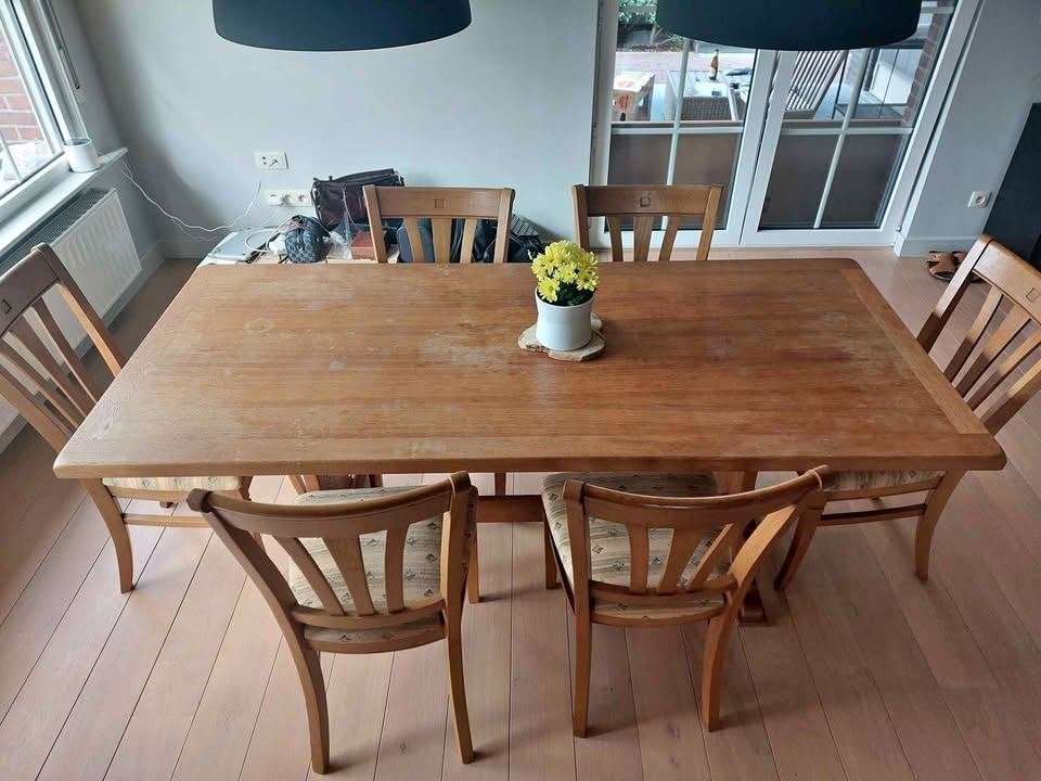 Massief eiken tafel met 6 stoelen, Maison & Meubles, Tables | Tables à manger, Utilisé, 50 à 100 cm, 200 cm ou plus, Cinq personnes ou plus