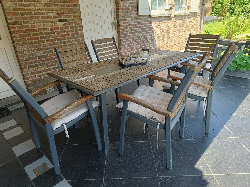 Tuinmeubelen teak/zwart aluminium - 6 stoelen, Tuin en Terras, Ophalen, Gebruikt, 6 zitplaatsen, Teakhout