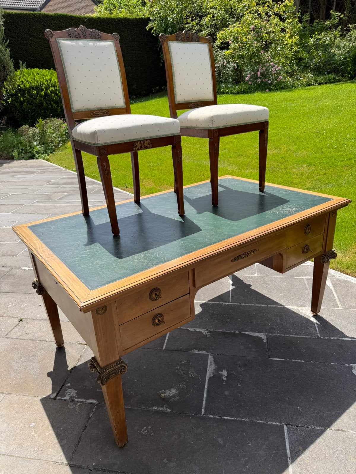 Groot dubbelzijdig bureau in Empire-stijl + 2 stoelen, Ophalen