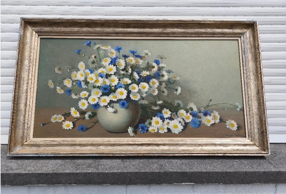 huile sur panneau fleurs signe marc antoine 1943, Enlèvement, Fleurs, Panneau